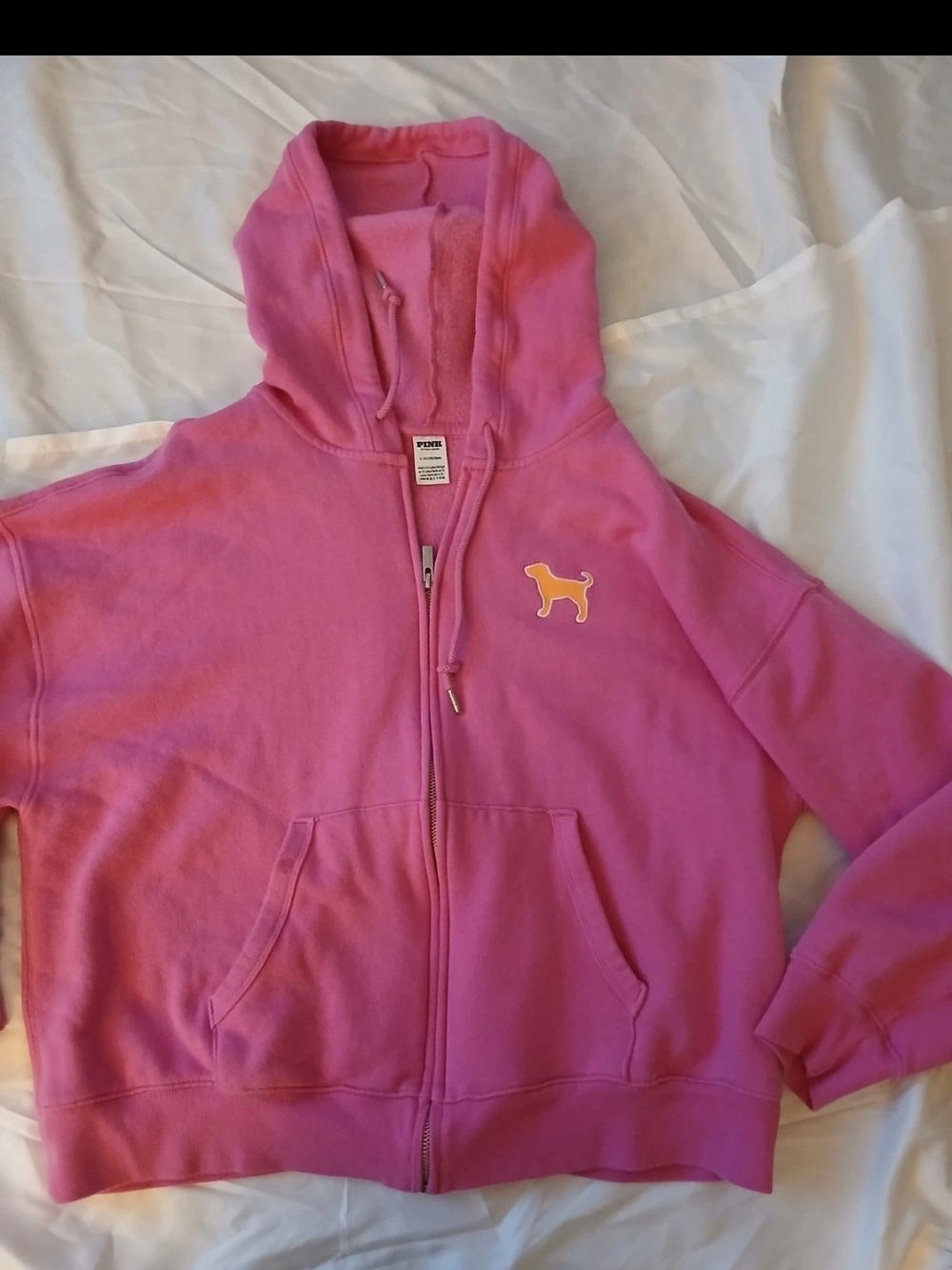 PINK Victoria's Secret Bright Pink Zip-Up Hoodie with Dog Patch